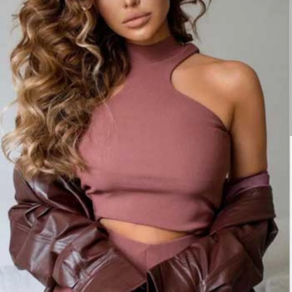 ZARA Ribbed Halter Top Large Brown Cropped